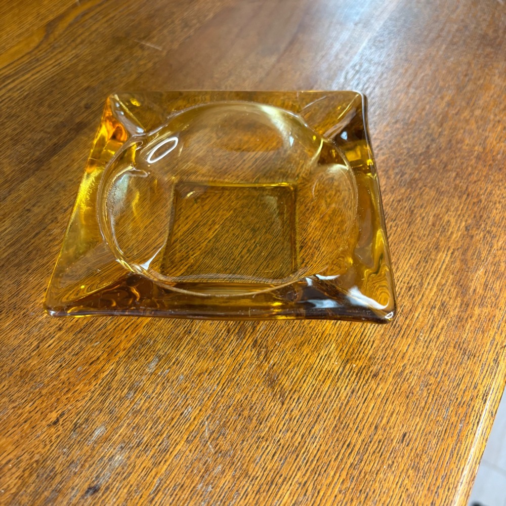 Vintage Amber Glass Ashtray Square MCM Cigar Rest Trinket Dish